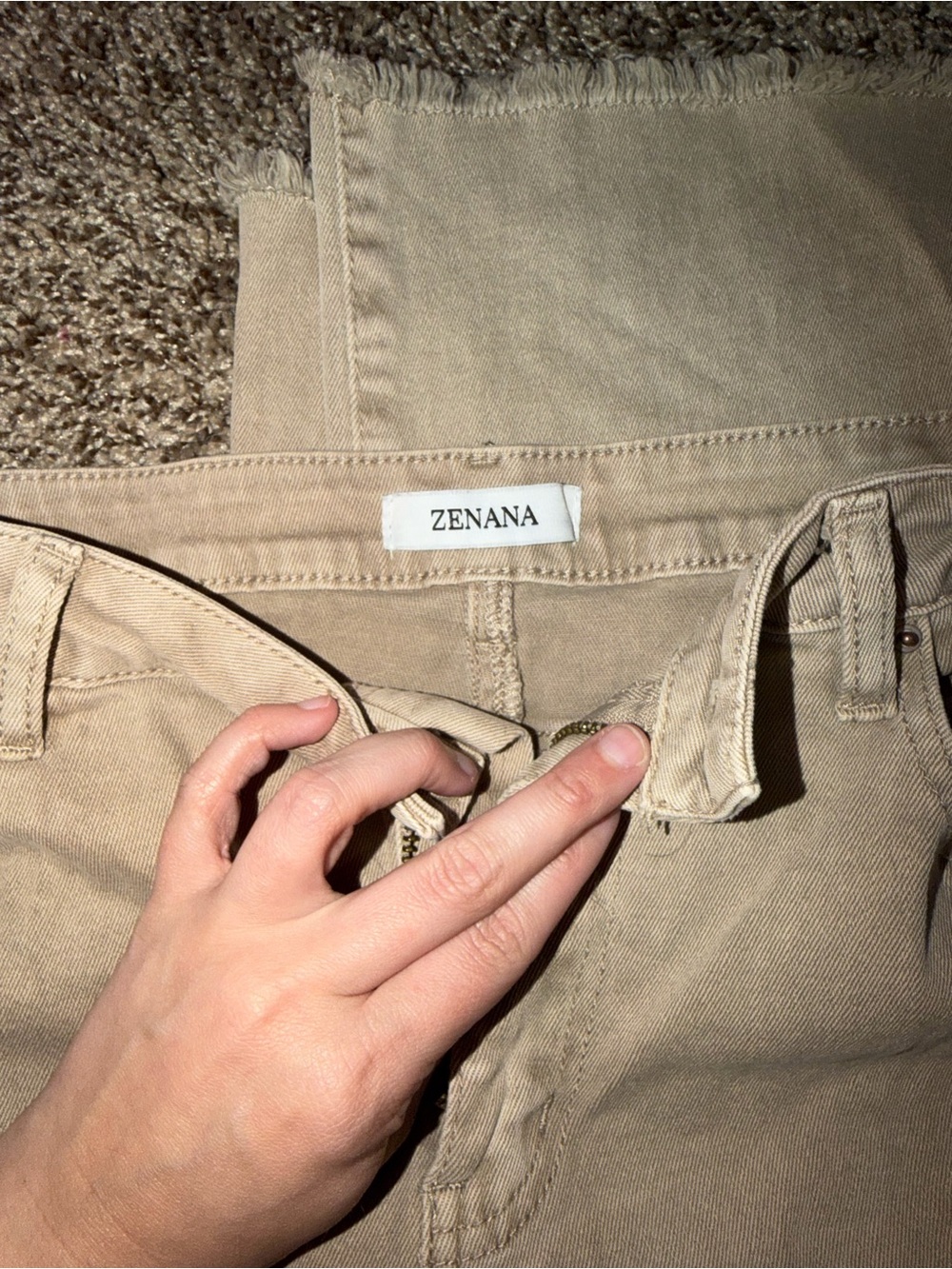 Zenana Outfitters Light Khaki Frayed Pants - Picture 2 of 4